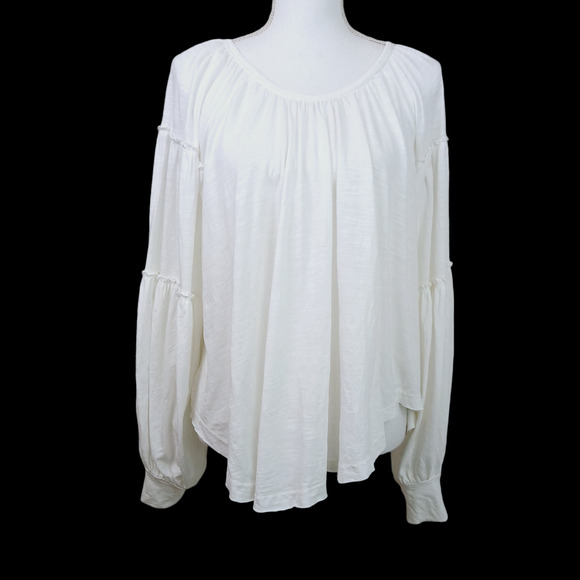 Free People SZ XS White Oversized Boatneck Cropped Cotton Tiered Sleeve Top - Picture 2 of 8